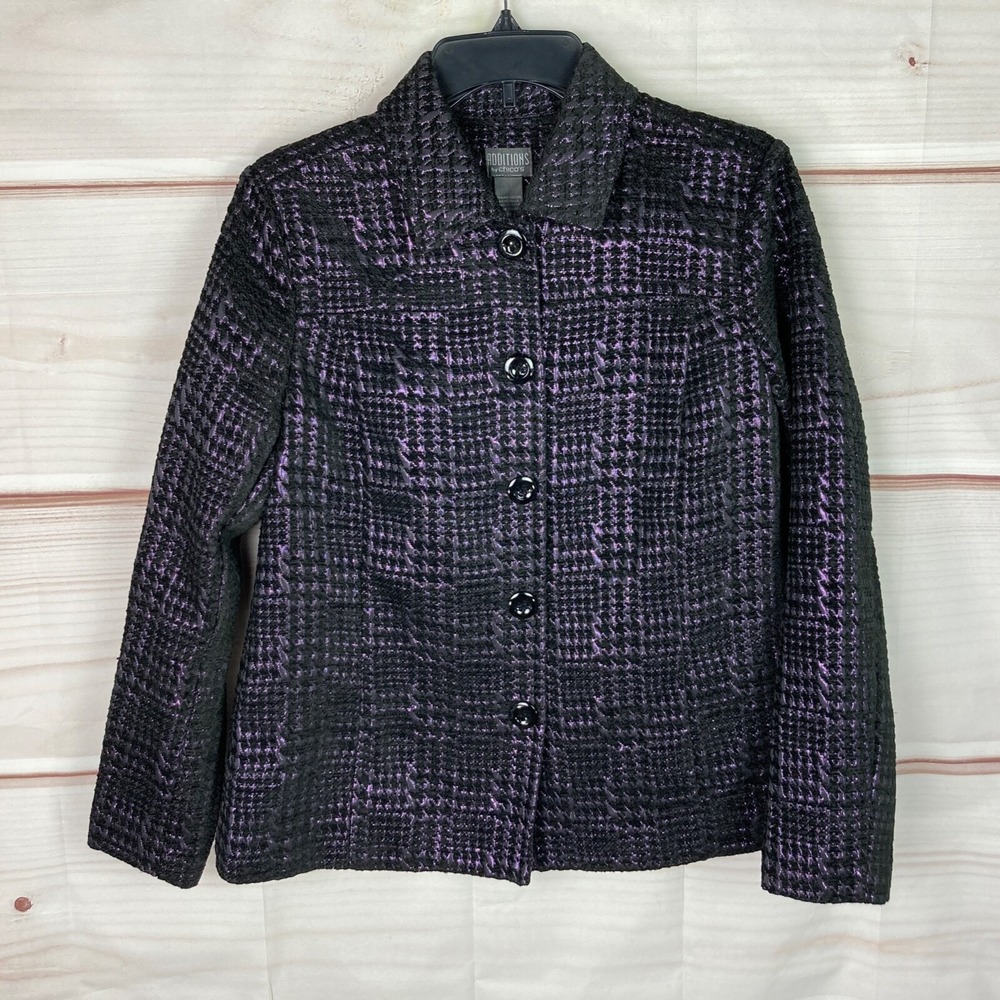 Additions By Chicos Jacket Women 1 M Purple Black Texture Plaid Button Up Collar